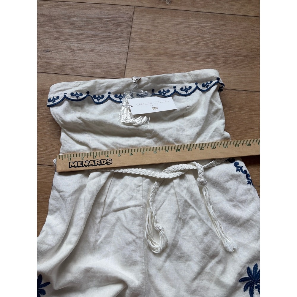 Caroline Constas White Navy Embroidered Linen Strapless Romper Scallop Hem Small - Picture 6 of 9